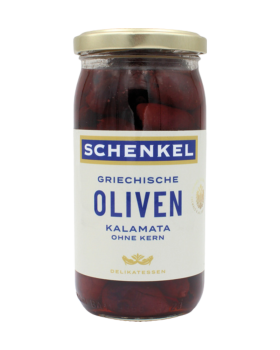 Schenkel Oliven Kalamata schwarz, ohne Kern, aus Griechenland, 200g Abtropfgewicht